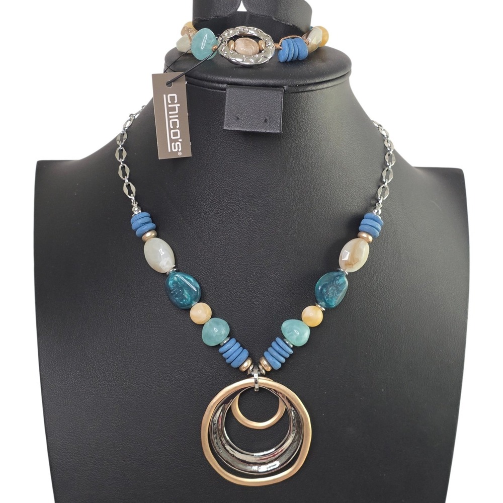 Chicos Boho Necklace Bracelet Set Blue Beige Teal Beaded Coastal Beachy NEW